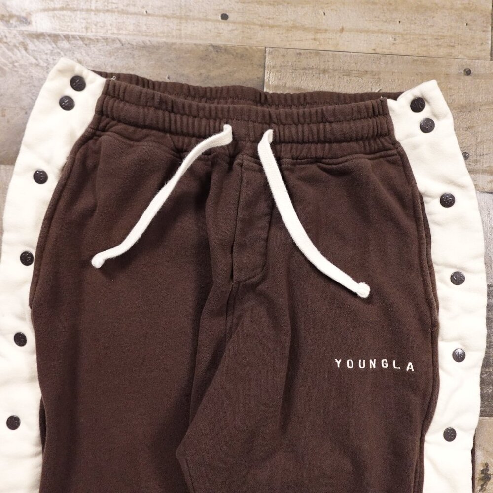 YoungLA 90s Tear Away Joggers Men’s XL Brown Cream Snap Track Pants 28” Inseam - Picture 2 of 12